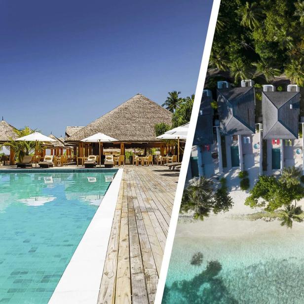 Zwei Resorts gegenübergestellt: Links Hütten und Liegestühle am Pool, rechts Pavillons mit Pool am Strand.