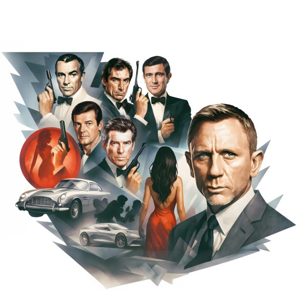 Eine Collage verschiedener James-Bond-Darsteller, Autos und einer Frau im roten Kleid.