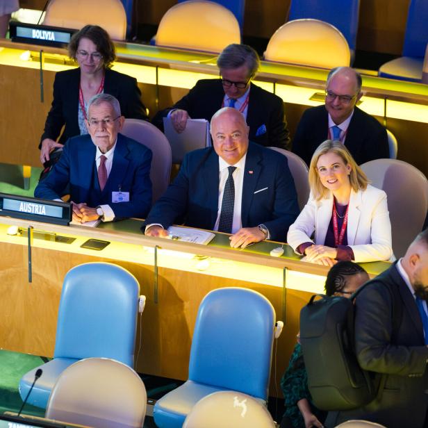 Delegierte, darunter Alexander Van der Bellen, sitzen bei einer UN-Versammlung hinter Tischen mit Länderschildern.