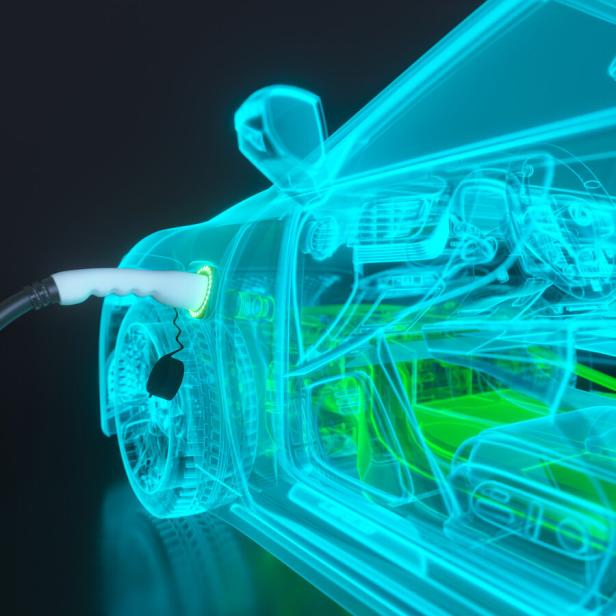 Electric car hologram being charged 3d render
