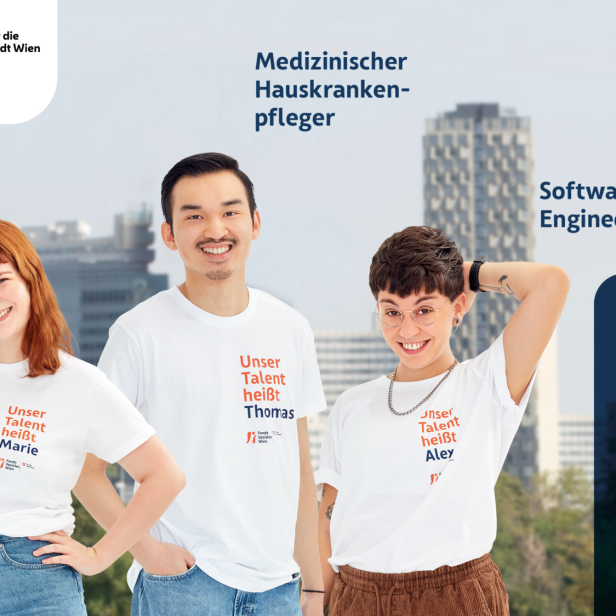 Drei junge Personen stehen vor der Wiener Skyline und schauen in die Kamera.