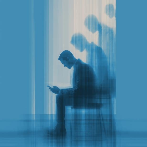 Ein Mann sitzt mit gesenktem Kopf auf einem Stuhl und hält ein Smartphone, sein Umriss erscheint mehrfach verschwommen.