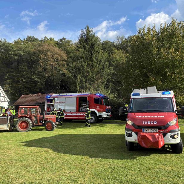 Mehrere Feuerwehrleute stehen neben Einsatzfahrzeugen und einem Traktor auf einer Wiese vor einem Wald.