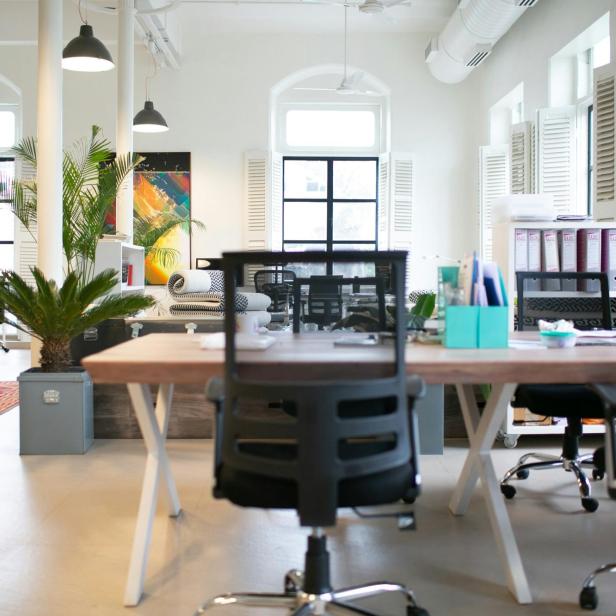 Helles Büro mit Schreibtischen, Bürostühlen, Pflanzen und großen Fenstern, die Tageslicht hereinlassen.