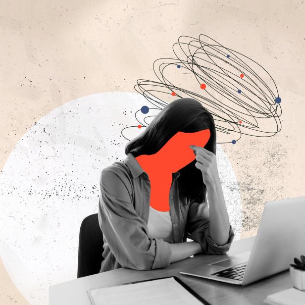 Trend artwork 3D photo collage sketch image of young sad stressed lady with headache burnout deadline overloaded tired work in office