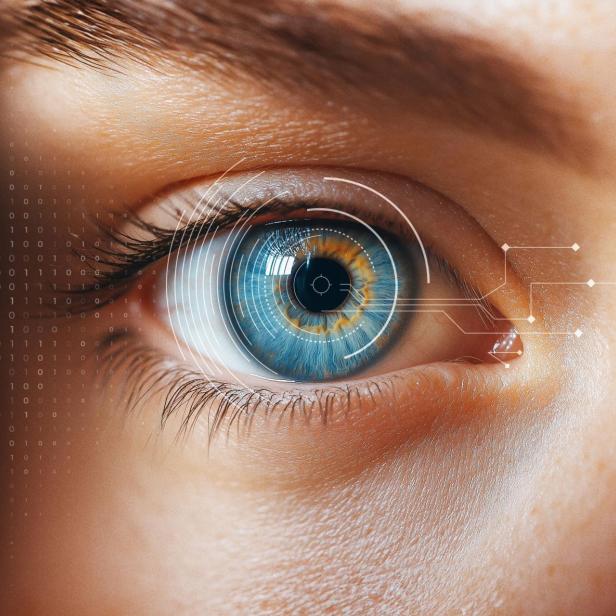 Nahaufnahme der Pupille eines blauen Auges einer Frau.