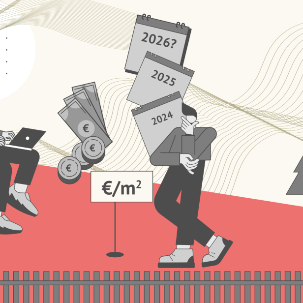 Stilisiertes Bild von zwei Personen auf einem Grundstück mit Taschenrechner, Laptop, Geld, Kalender, Bäumen und einem Preisschild.