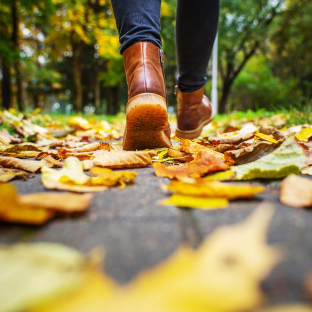 legs of a woman in brown boots walking in a park