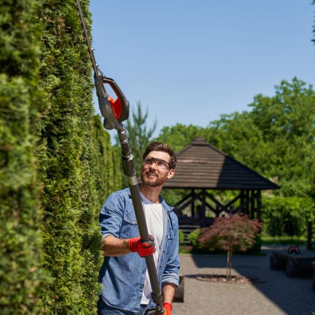 Ein Mann schneidet eine Hecke (Symbolbild)