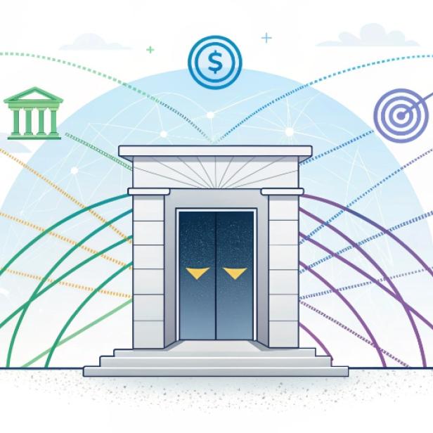 Minimalistische Illustration eines Tempels mit geschlossenen Türen, umgeben von Symbolen wie Geldzeichen, Zielscheibe, Kreditkarte und Kalender, verbunden durch bunte Linienbögen.