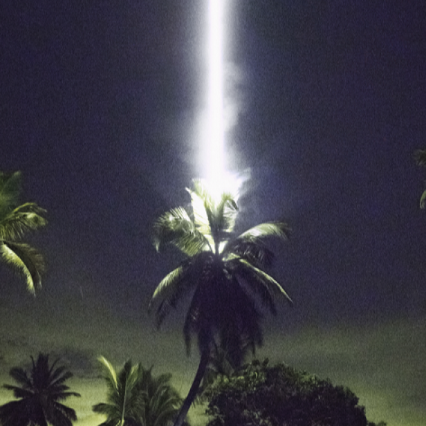 Mehrere Palmen bei Nacht, eine in der Bildmitte wird von einem hellen, senkrechten Lichtstrahl durchleuchtet.