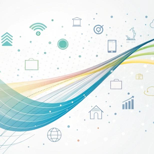 Bunte, geschwungene Linien mit transparenten Symbolen für Technologie und Kommunikation, darunter Wolken, WLAN, Haus und Diagramme.