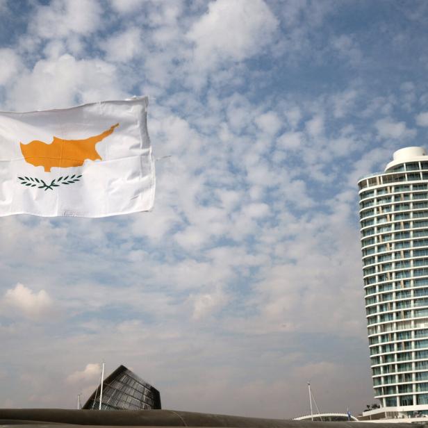 A flag of Cyprus flies on a vessel of Port and Marine Police in Ayia Napa Marina