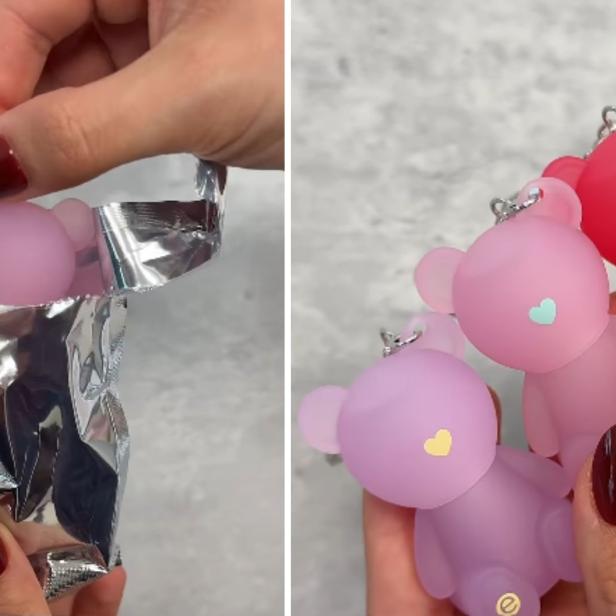 Drei pastellfarbene Teddybärfiguren der Kosmetikmarke Essence