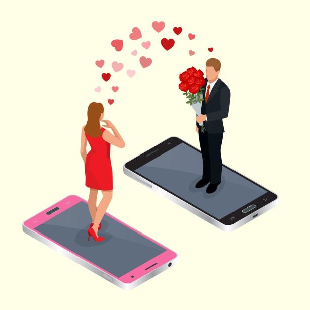 Ein Mann mit Rosenstrauß und eine Frau stehen auf Smartphones, verbunden durch Herzen.