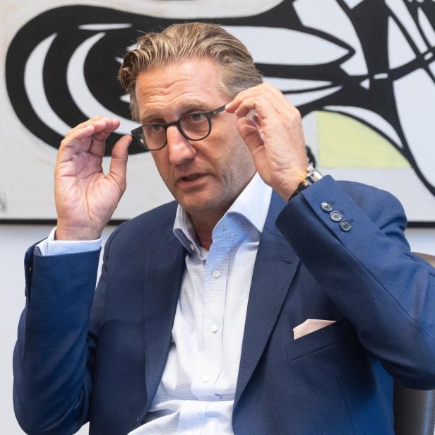 Zöchling gestikuliert vor einem abstrakten Gemälde.