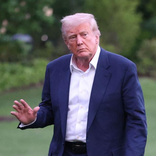 Donald Trump in blauem Anzug winkt vor grünem Hintergrund.