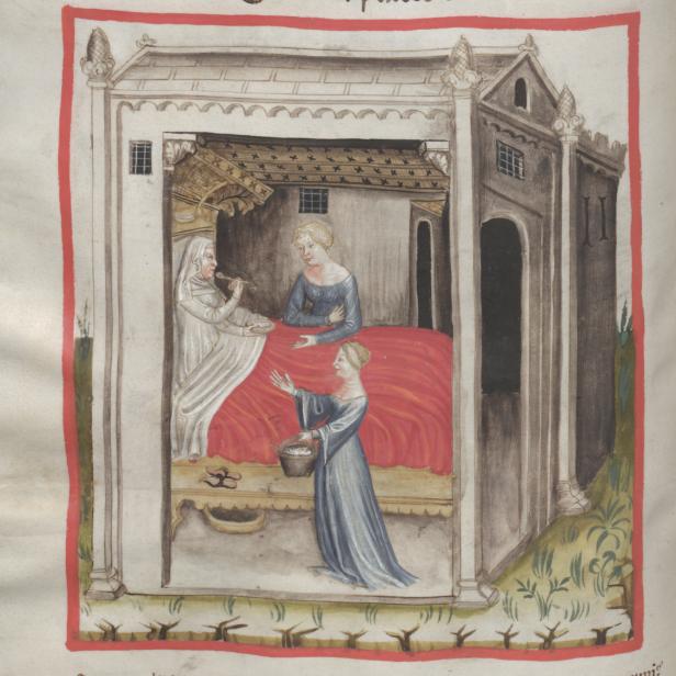 Eine kranke Person liegt in einem Bett mit roter Decke in einem offenen Raum, eine weitere Person reicht ihr eine Schüssel Gerstenschleim, eine dritte Person steht mit einem Eimer davor.