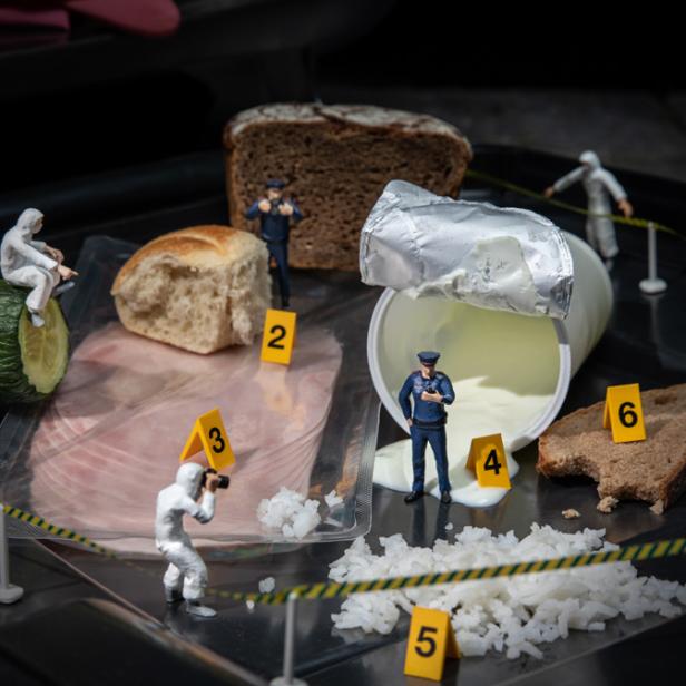 Miniaturfiguren in Schutzanzügen untersuchen Lebensmittelreste auf schwarzer Fläche, markiert mit gelben Nummernschildern, umgeben von Absperrband.