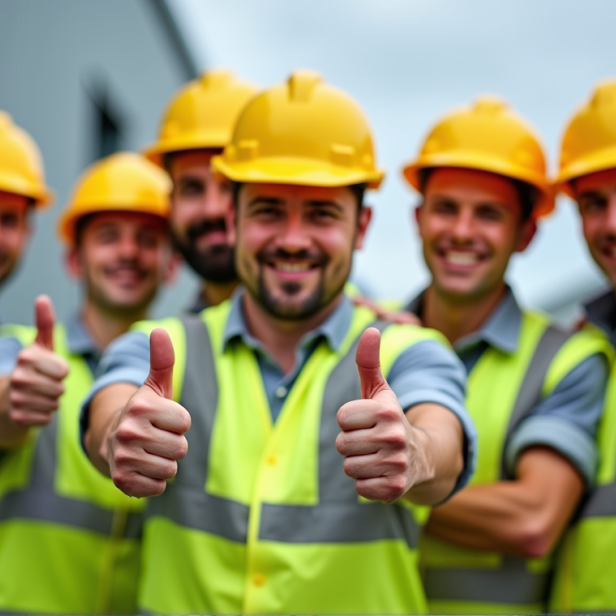 Eine Gruppe an Bauarbeitern in Arbeitskleidung und mit Arbeitshelmen auf dem Kopf lacht in die Kamera und zeigt ihre Daumen nach oben.