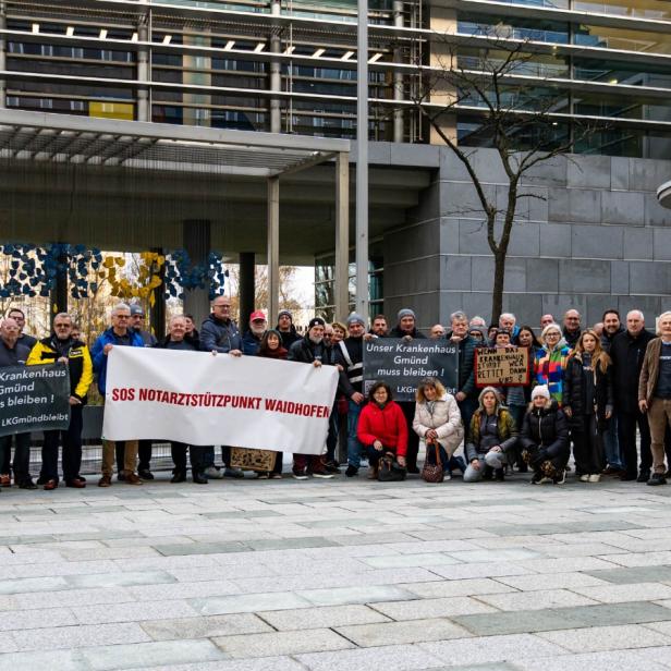 Ein Gruppenfoto von Aktivistinnen und Aktivisten vor dem NÖ Landtagsgebäude.