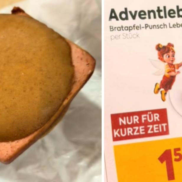 Bratapfel-Punsch-Leberkäse im Lebkuchensemmerl neben Werbeschild mit Preisangabe.