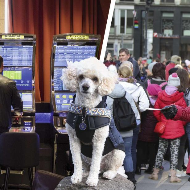 Ein Mann steht an Spielautomaten, ein Pudel sitzt davor, daneben verteilt ein Mann in rotem Mantel Flyer an eine Menschenmenge.