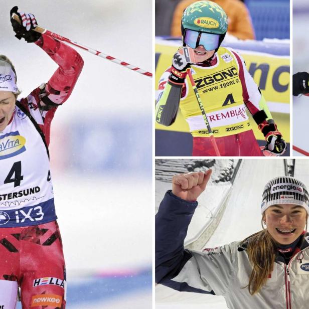 ÖSV-Siegerparade: Biathletin Lisa-Theresa Hauser, Riesentorläuferin Julia Scheib und die Nordischen Kombinierer Katharina Gruber und Johannes Lamparter