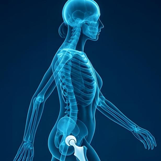 Skelett eines weiblichen menschlichen Körpers, vollständig sichtbar, auf einem neutralen Hintergrund.