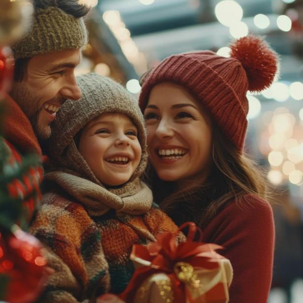 Eine Familie steht lächelnd mit einem Geschenk vor bunten Weihnachtsdekorationen.