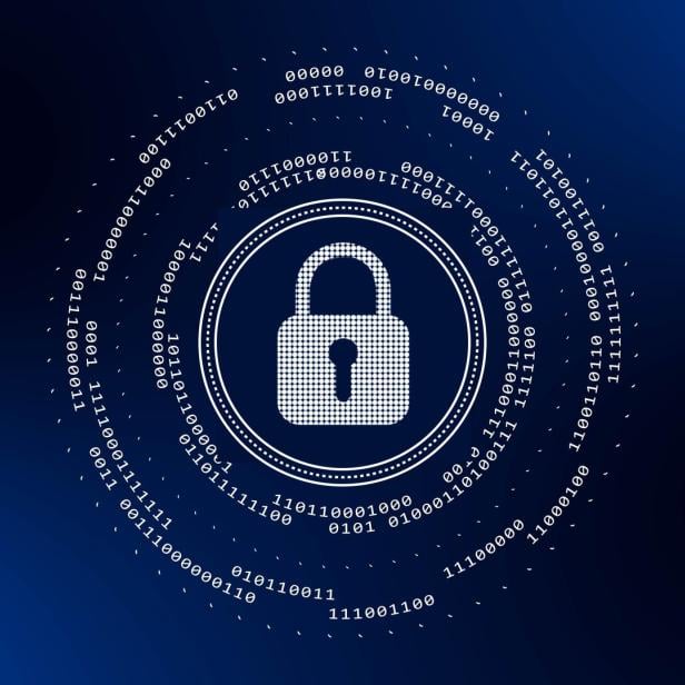 Digital internet cyber security technology concept - abstract background of binary code around padlock on dark blue background