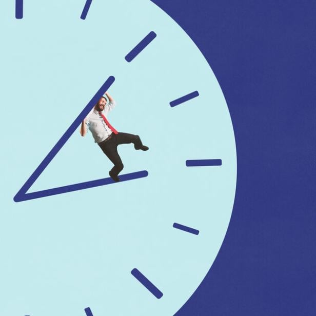 Modern collage. Businessman trapped between clock hands surreal pressure concept