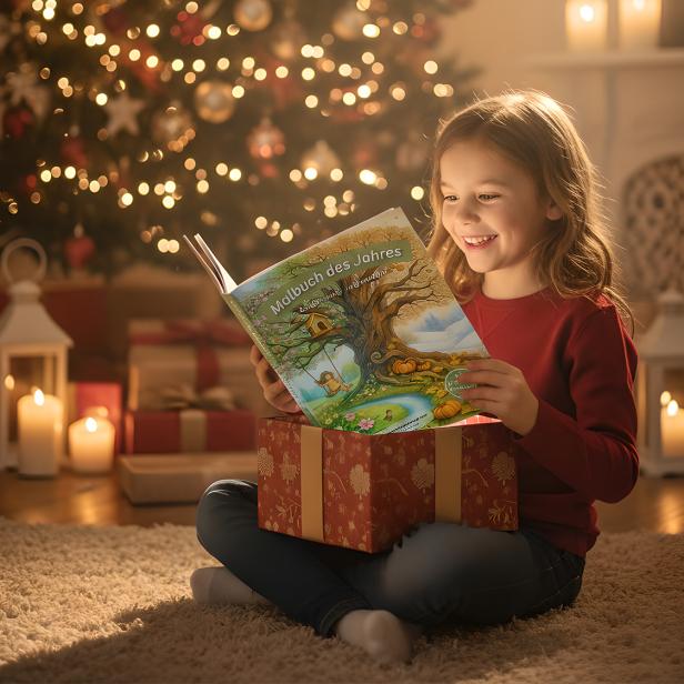 Kind sitzt vor Weihnachtsbaum und hält das „Malbuch des Jahres“ als Geschenk in den Händen.