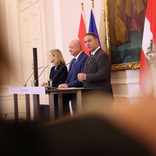 Austrian Chancellor Christian Stocker, Vice-Chancellor Andreas Babler and Foreign Minister Beate Meinl-Reisinger attend a press conference in Vienna