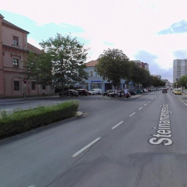 Breite Straße mit mehreren Fahrspuren, flankiert von Bäumen, Autos und mehrstöckigen Gebäuden auf beiden Seiten.