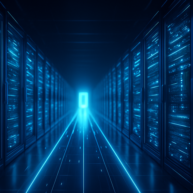 Ein langer Flur mit Reihen von Servern, die gleichmäßig auf beiden Seiten angeordnet sind.