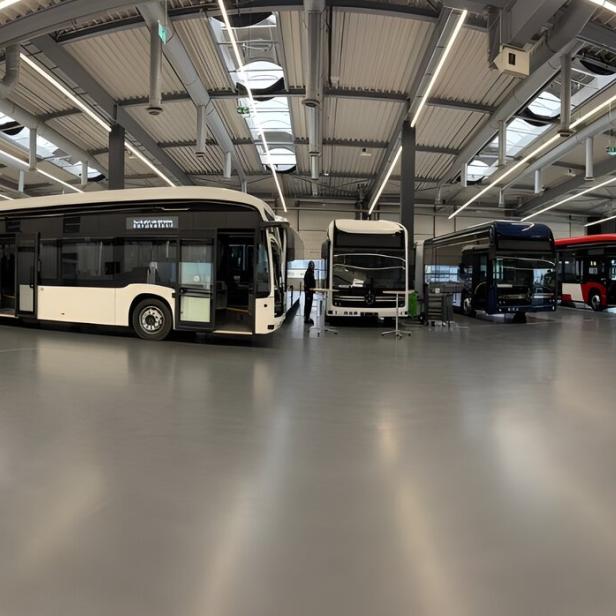 Mehrere moderne Linienbusse stehen in einer großen, hellen Halle mit hohen Decken und viel Tageslicht.