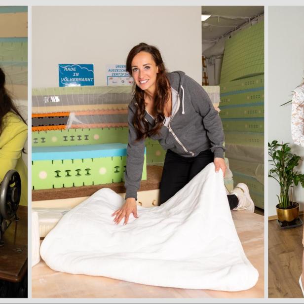 Drei Szenen: Frau an Nähmaschine, beim Matratzenbezug und bei Beratung mit Wirbelsäulenmodell.