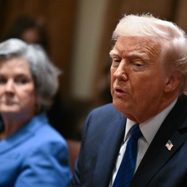 Donald Trump spricht in einem dunklen Anzug mit US-Flagge am Revers.