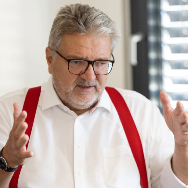 Peter Hacker gestikuliert wild. Er trägt ein weißes Hemd und rote Hosenträger.