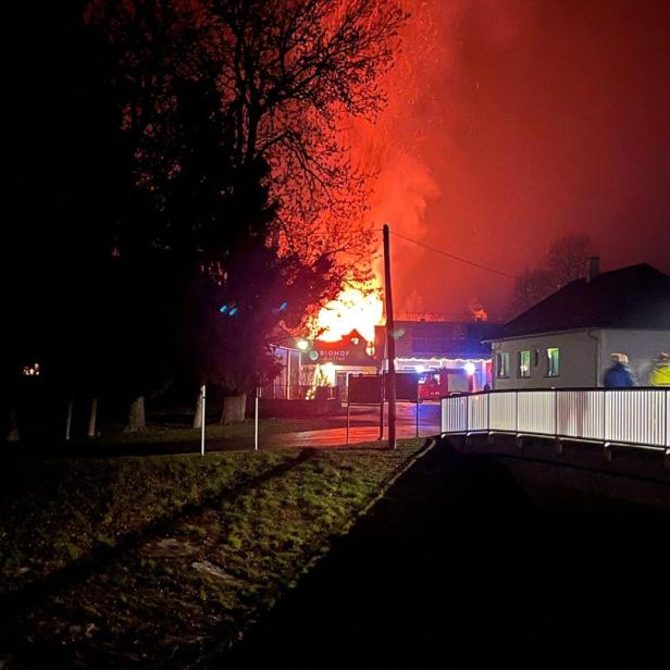 Großes Feuer mit Flammen und Funken hinter Bäumen, Einsatzfahrzeuge und Menschen in der Nähe eines Gebäudes bei Nacht.