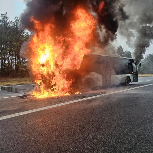 Eine Aufnahme von einem Autobus, der mitten auf einer Straße vollkommen in Flammen steht.