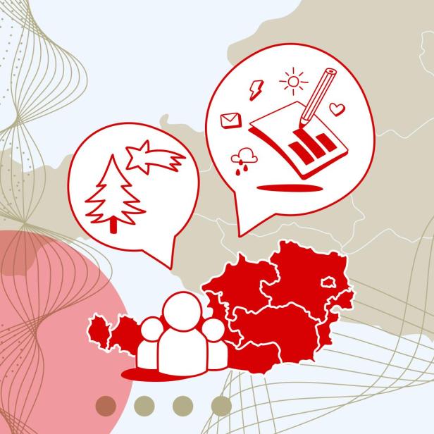 Drei Figuren mit Sprechblasen über dem Kopf, in denen ein Christbaum, ein Weihnachtsstern und ein Stift mit Balken, die eine Umfrage symbolisieren sollen, sind.