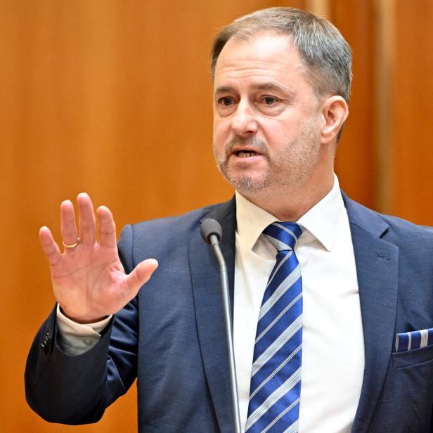 Ein Mann im Anzug spricht am Rednerpult und hebt die Hand vor warmem Holz-Hintergrund.