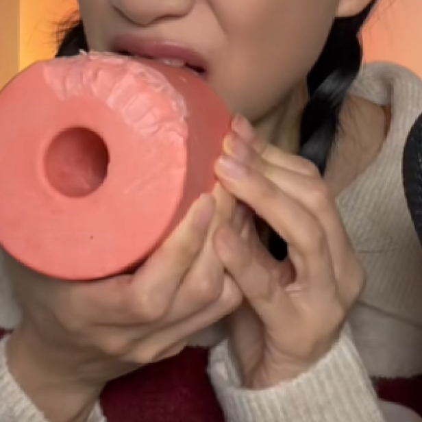 Person beißt in einen rosafarbenen Pferdeleckstein neben einem Mikrofon.