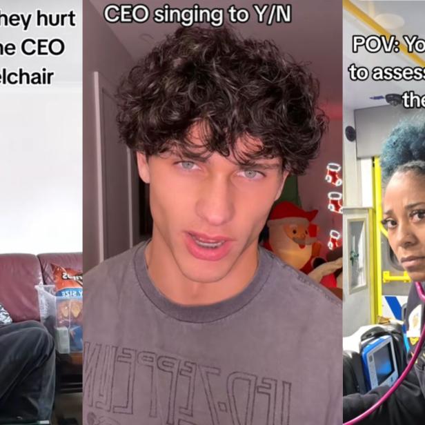 Drei TikTok-Szenen zeigen humorvolle Darstellungen typischer "y/n"- und CEO-Momente, die das virale Meme rund um übertriebene Fanfiction-Klischees aufgreifen.