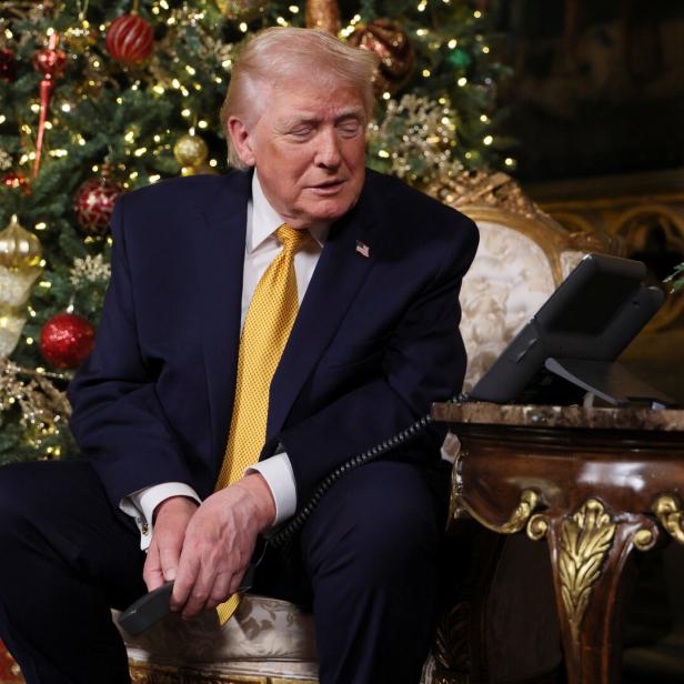 Donald Trump sitzt am Telefon vor einem Weihnachtsbaum und einem Rosenstrauß.