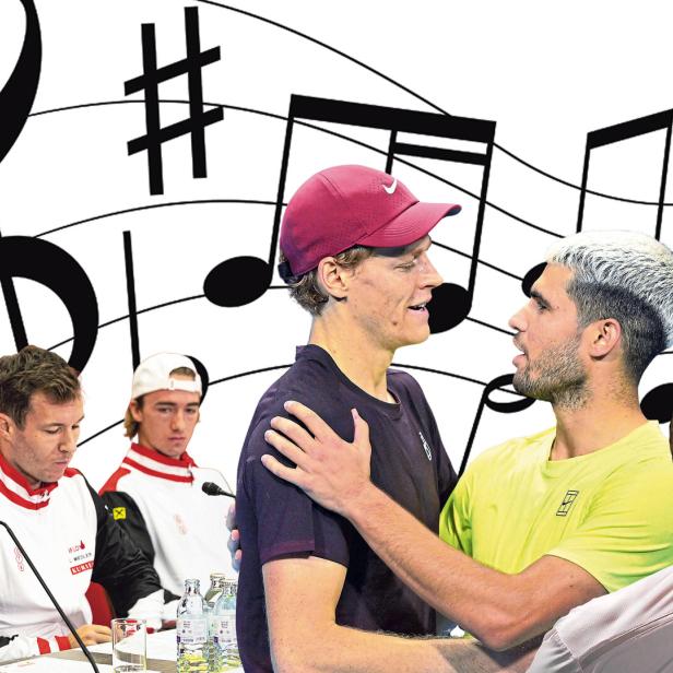 fotomontage mit diversen tennisstars und notenschlüssel