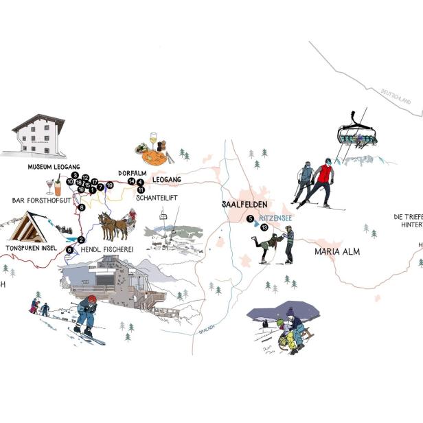 Gezeichnete Karte mit Wintersportlern, Skiliften, Sehenswürdigkeiten und Gastronomie rund um Leogang, Saalfelden und Maria Alm.