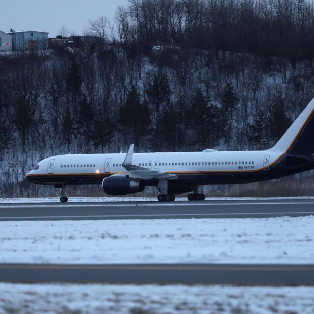 An airplane taxis after landing on the day Venezuela's President Nicolas Maduro and his wife Cilia Flores are expected to arrive before their scheduled court appearance at Manhattan federal court, at Stewart Air National Guard Base in Newburgh